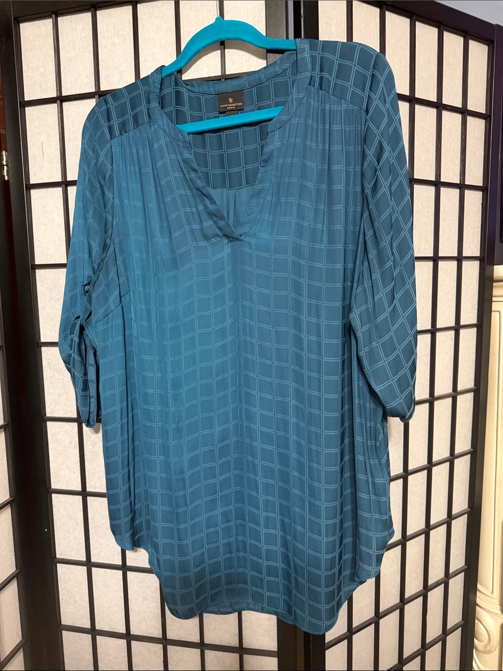 Worthington Teal Windowpane Roll-Tab Tunic